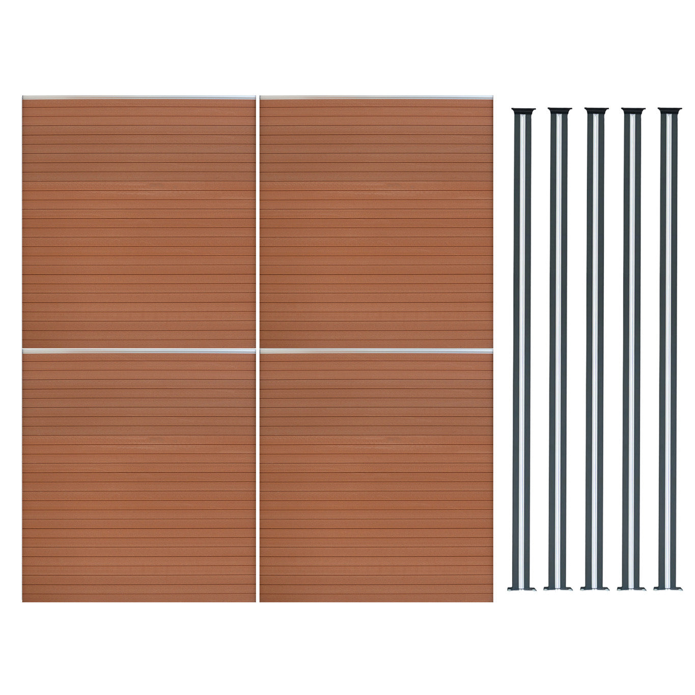 Pannelli Recinzione x4 + 5 Pali Alluminio LED Marrone Doghe PVC 185cm