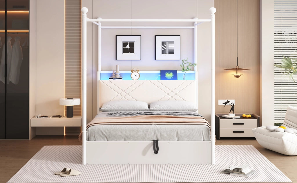 DESMIU Letto a baldacchino 140 × 190 cm 2 posti con vano contenitore, LED, USB e Type-C, senza materasso, bianco