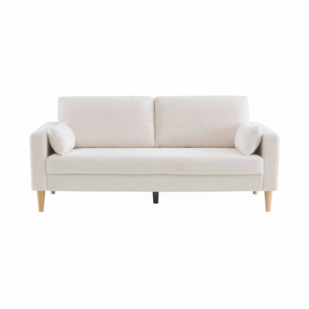 Divano stile scandinavo in legno e bouclé, 3 posti, crema