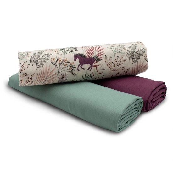 Set di tessuti in cotone 1,5m design + 2x tessuti a colori coordinati 100% cotone (paesaggio con cavalli e prato Set62)