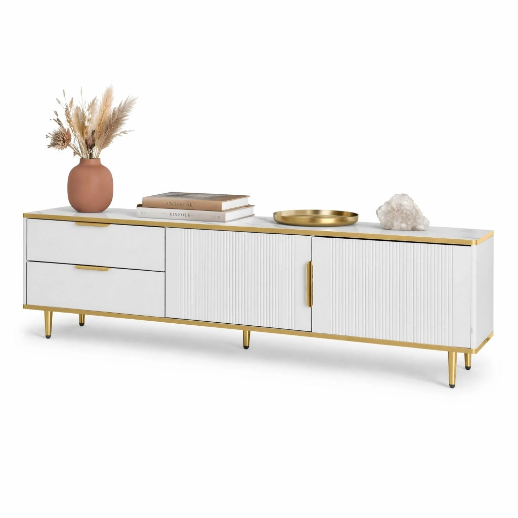 Mobile TV moderno bianco e oro con 2 cassetti e vani contenitore, 170 cm
