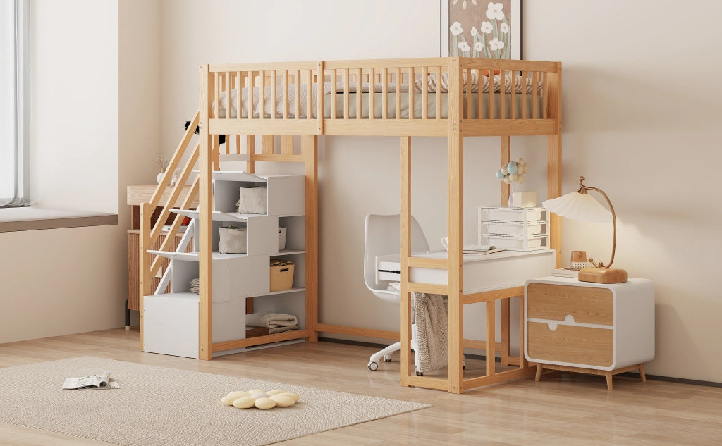 Letto a castello bianco con tavolo multifunzione in legno di pino 90x200 cm