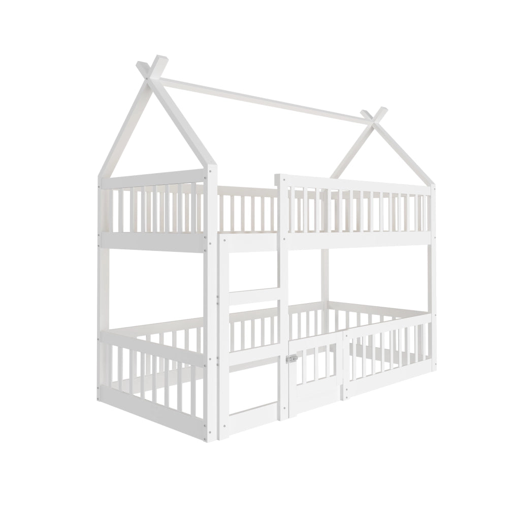 Letto a Castello 90x200 cm con Scala; Cancello di Sicurezza e Porta - in Legno - Bianco