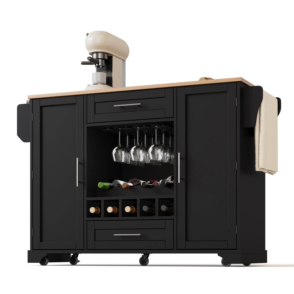Isola da Cucina Mobile 138x45/70x92 cm Nera con Piano Ribaltabile; Portabottiglie; Portabicchieri e 5 Ruote