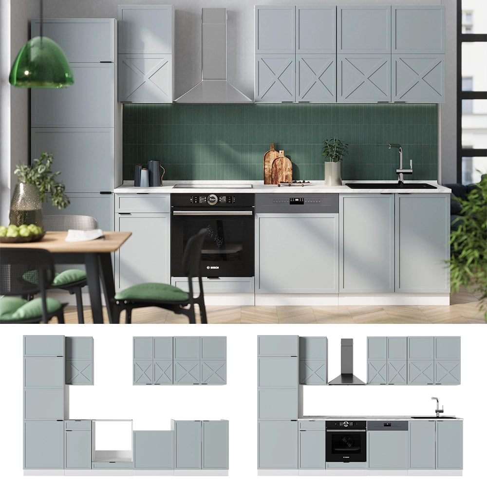Cucina componibile Fame-Line Blu-grigio chiaro/Bianco 300 cm senza piano di lavoro Vicco