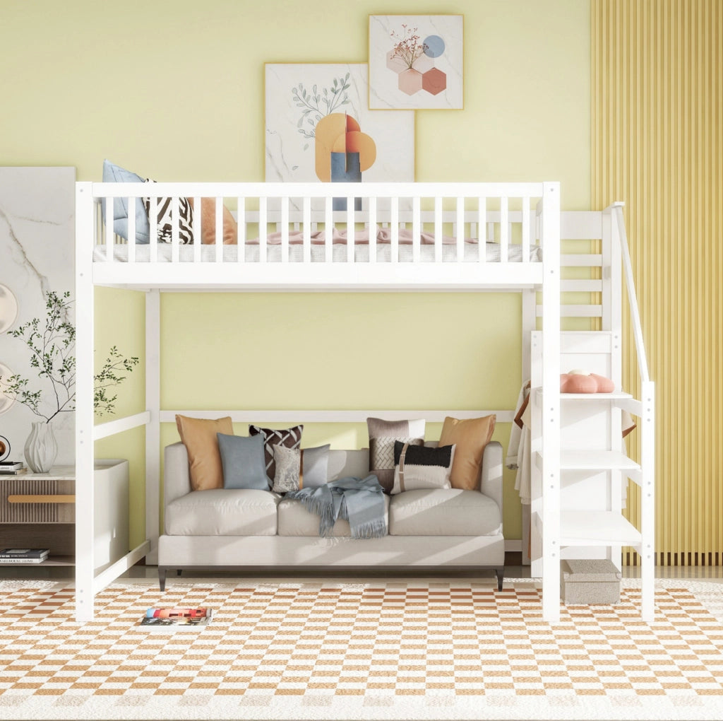 Letto a soppalco 140x200 cm bianco – scala contenitore, senza materasso