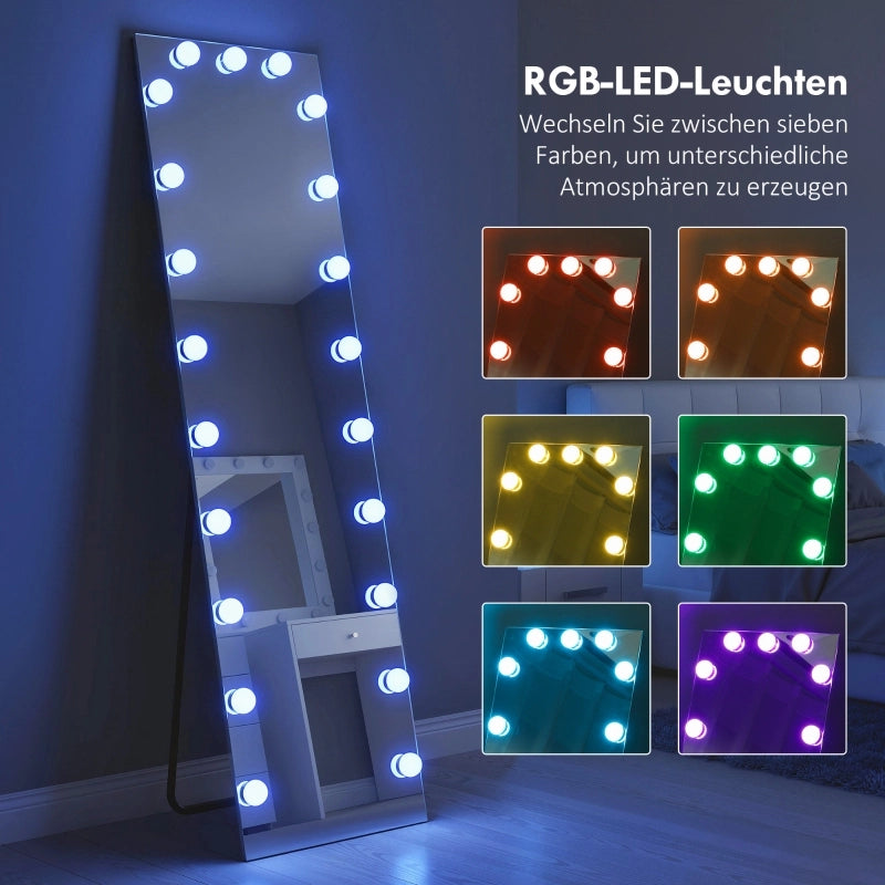 Specchio a figura intera 150x40 cm con illuminazione a LED RGB, 21 lampadine, 7 colori di luce, interruttore touch e funzione memoria.
