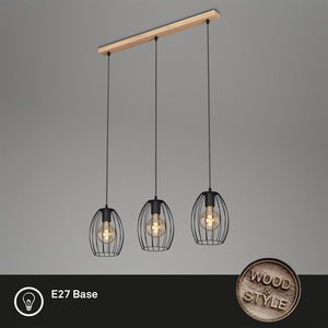 Lampadario Vintage Waktu Legno Marrone Metallo Nero 3 Luci E27