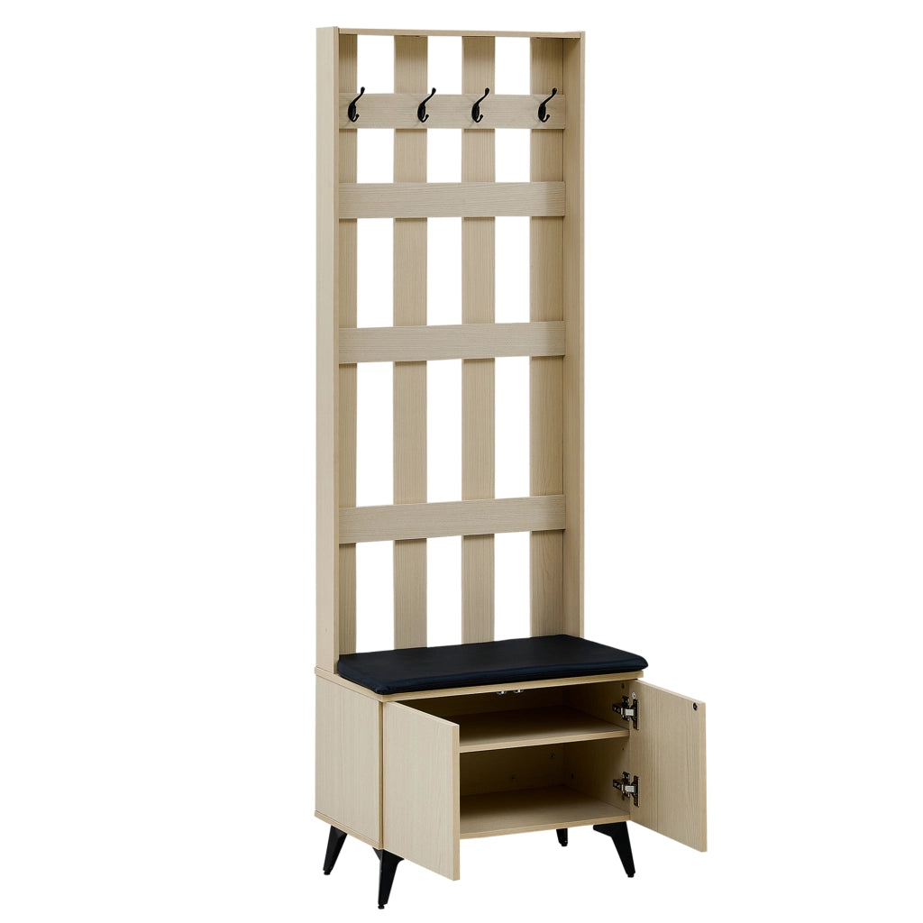 Mobile da ingresso con panca, appendiabiti e credenza con 2 ante, 1 cassetto e ripiani regolabili in MDF effetto legno