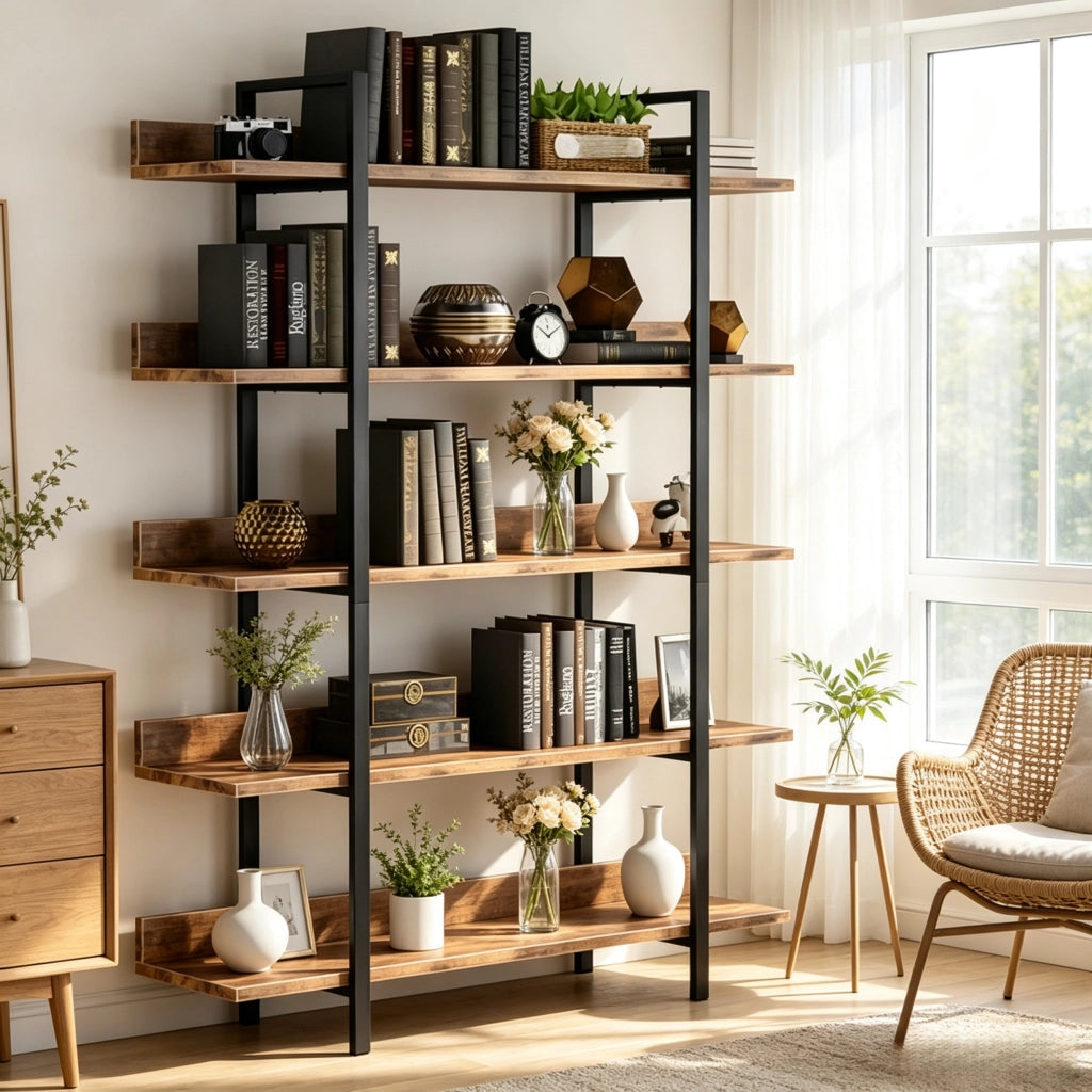 Libreria 105x33x180 cm a 5 ripiani in metallo e legno nero e marrone rustico