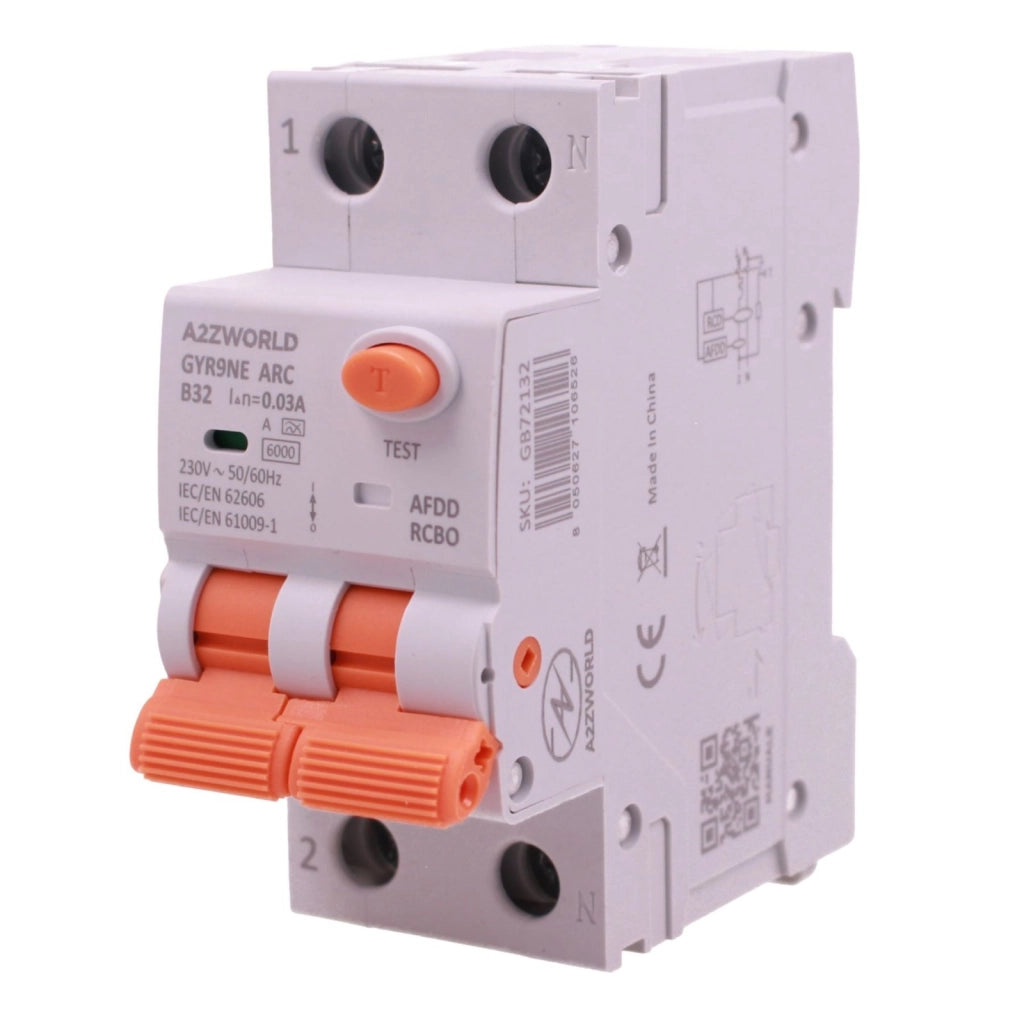 A2ZWORLD AFDD RCBO Interruttore Antincendio, Magnetotermico Differenziale con Rilevamento di Arco Elettrico, Tipo A Curva B, 1P+N 2M 6000A 30mA, AC 220V Doppia Leva GYR9NE-ARC (B32A)