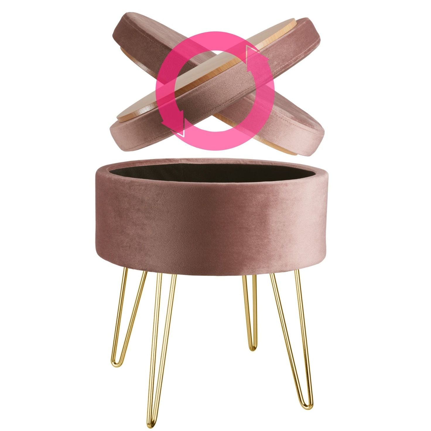 Sgabello ottomano con contenitore, tavolino effetto velluto rosa 08_0000305