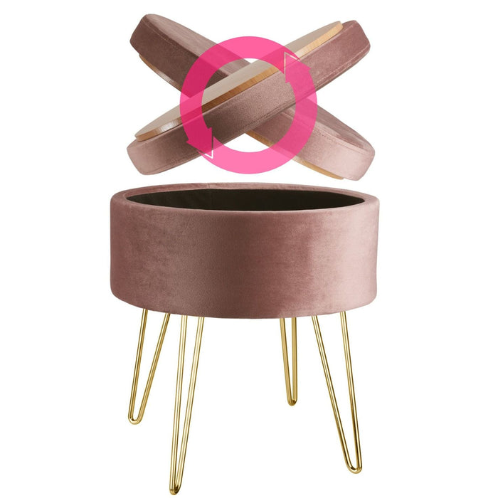Sgabello ottomano con contenitore, tavolino effetto velluto rosa 08_0000305