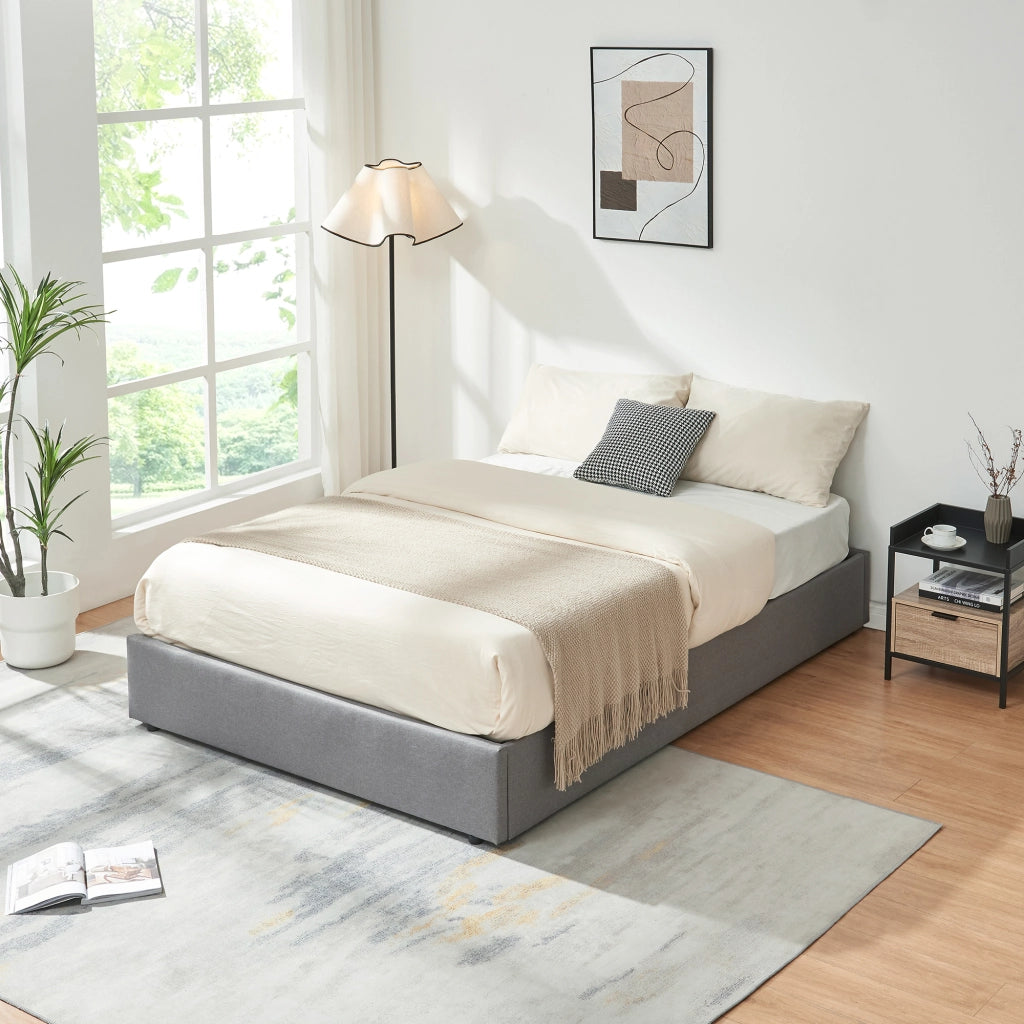 Letto Francese Contenitore Nola 140x200 cm con Materasso Apertura a Ribalta Rivestito in Tessuto Lino - Grigio [en.casa]
