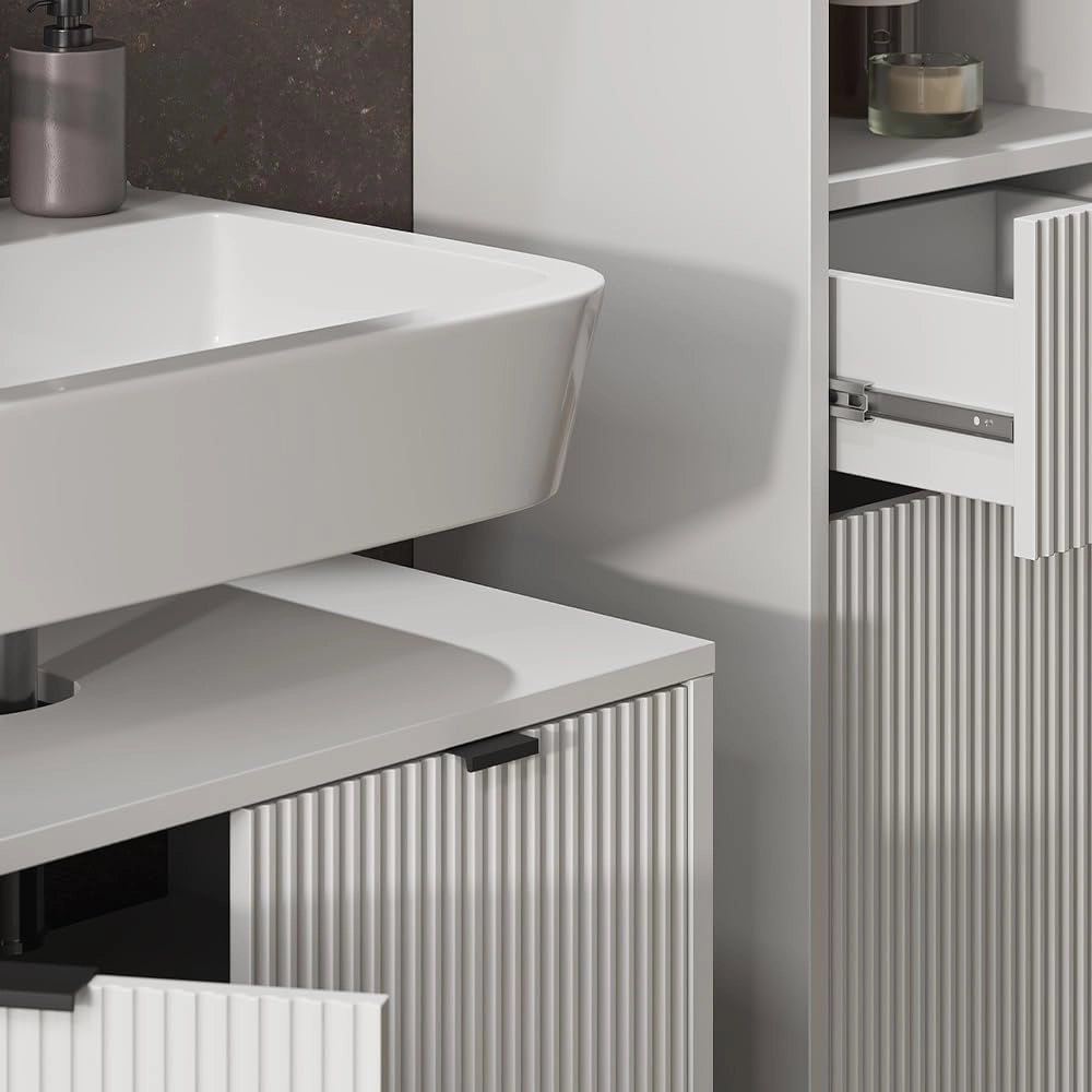 Set di mobili per il bagno Eliza, Bianco, 70 cm, composto da mobile sottolavabo, specchiera e colonna alta