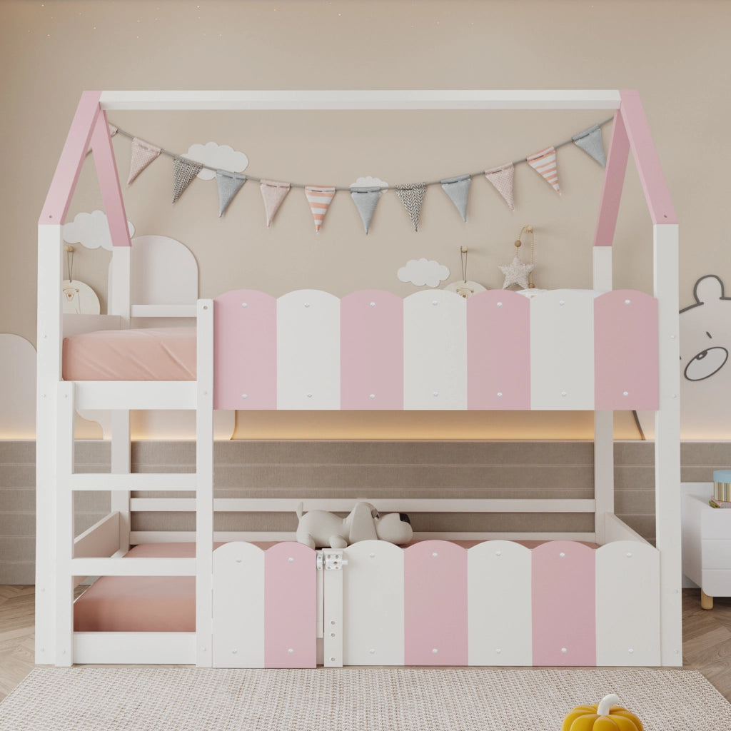 OKWISH Letto a Castello 90×200 cm, Letto Singolo con Design a Casetta, Scala Dritta e Sponde di Sicurezza, senza Materasso, Bianco e Rosa