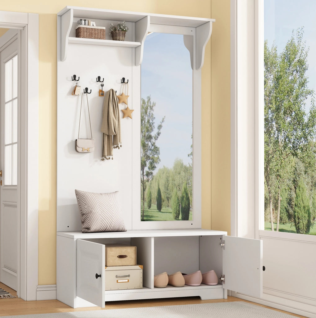 Mobile ingresso multifunzione 100 x 40 x 180 cm con specchio; 5 ganci; 2 vani; bianco