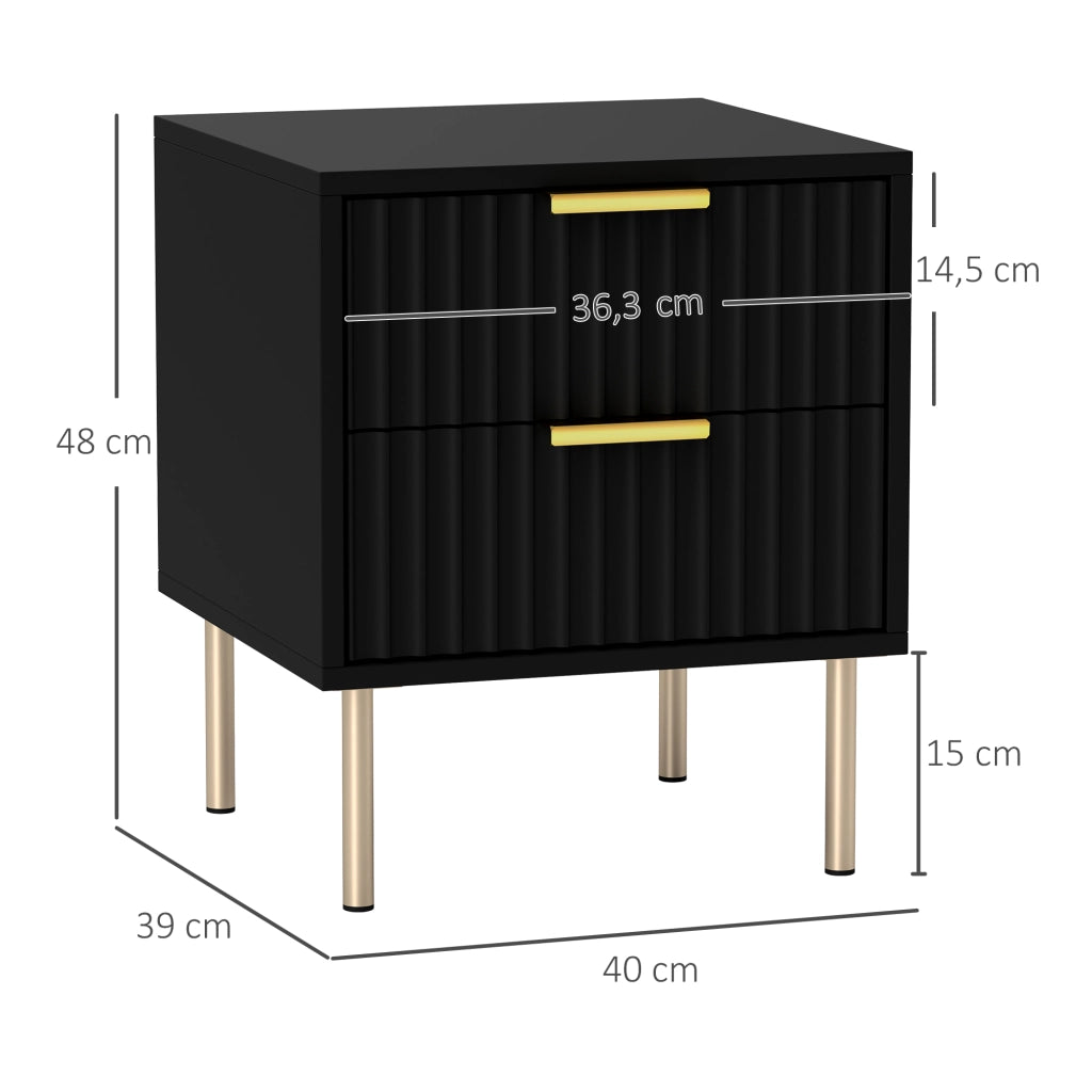 Comodino con 2 cassetti ¨C Xylo ¨C nero, piedi in acciaio, design moderno