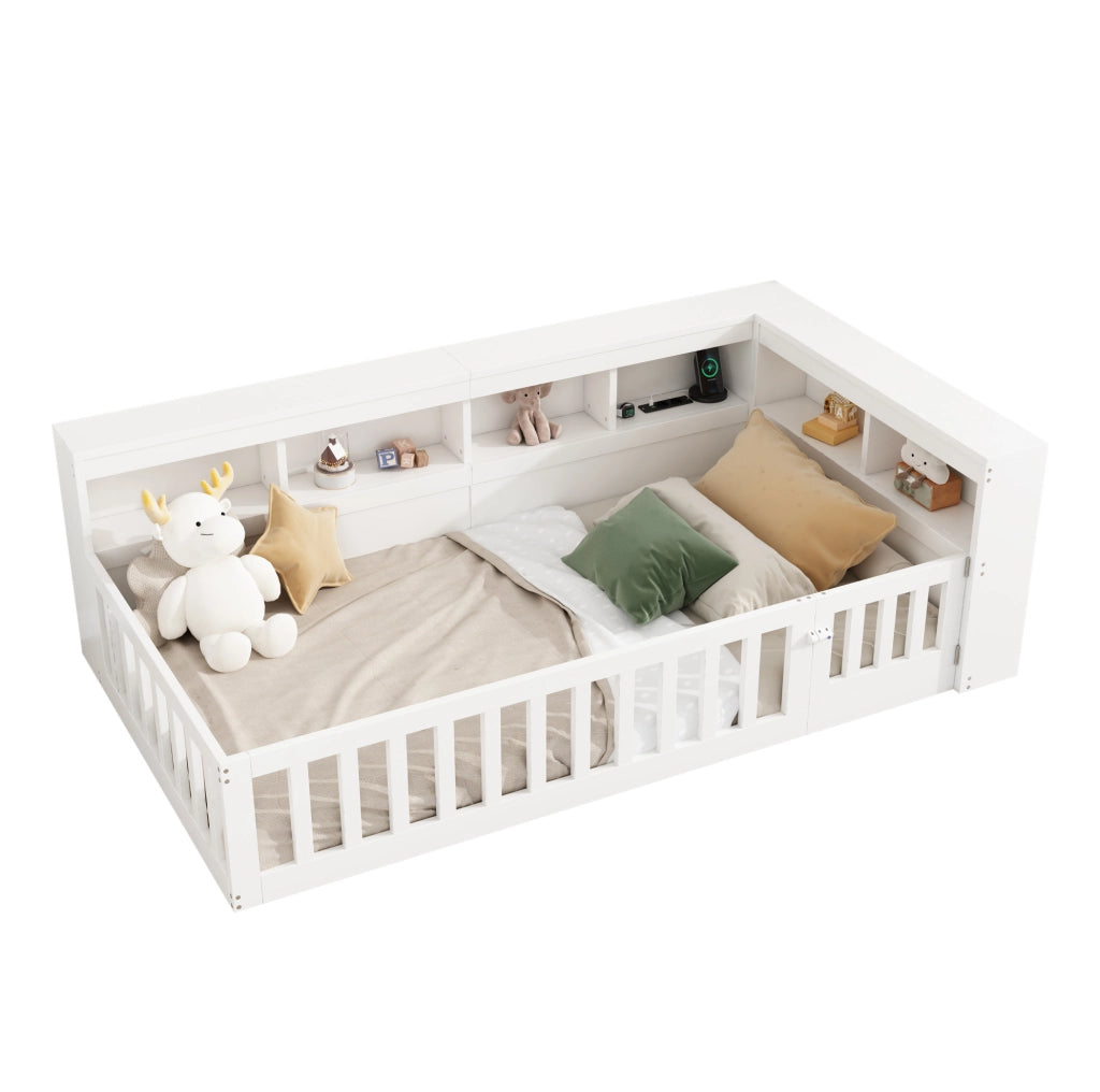 Letto 222.2x113.3x70 cm con prese USB e vano portaoggetti in truciolato e MDF bianco