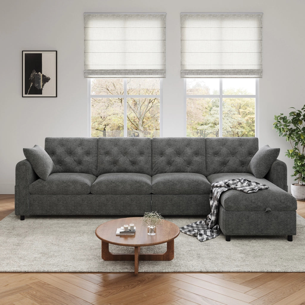 Divano angolare letto con vano contenitore e configurazione reversibile in velluto grigio