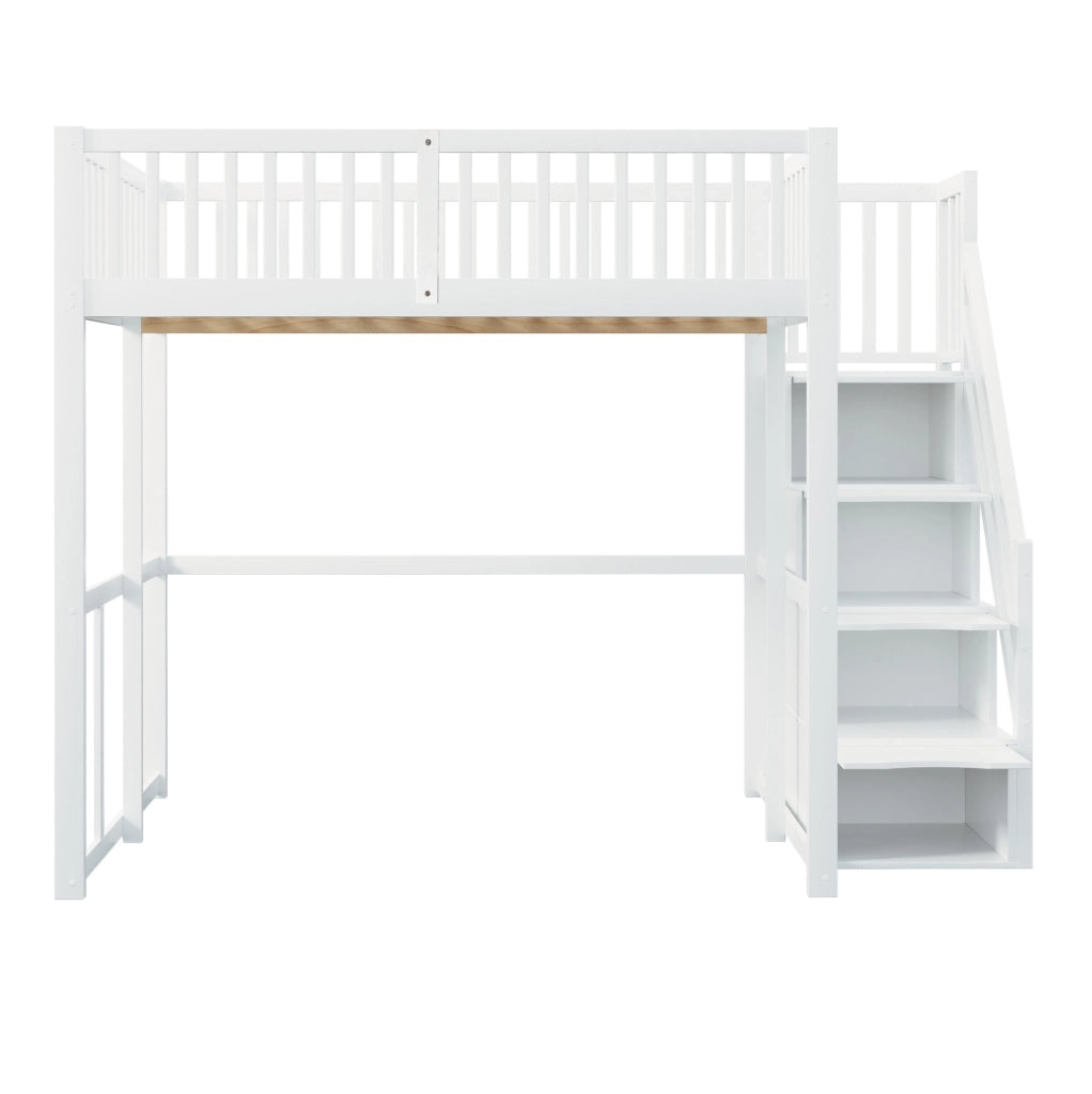 Letto a soppalco 140x200 cm con scala contenitore e struttura in legno