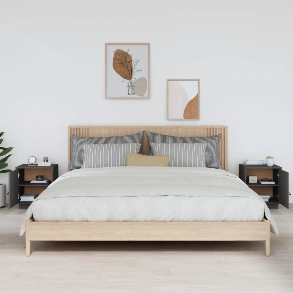 Set di 2 Comodini | Armadio da Notte | Mobiletto da notte Grigi 40x34x45 cm in Legno Massello di Pino