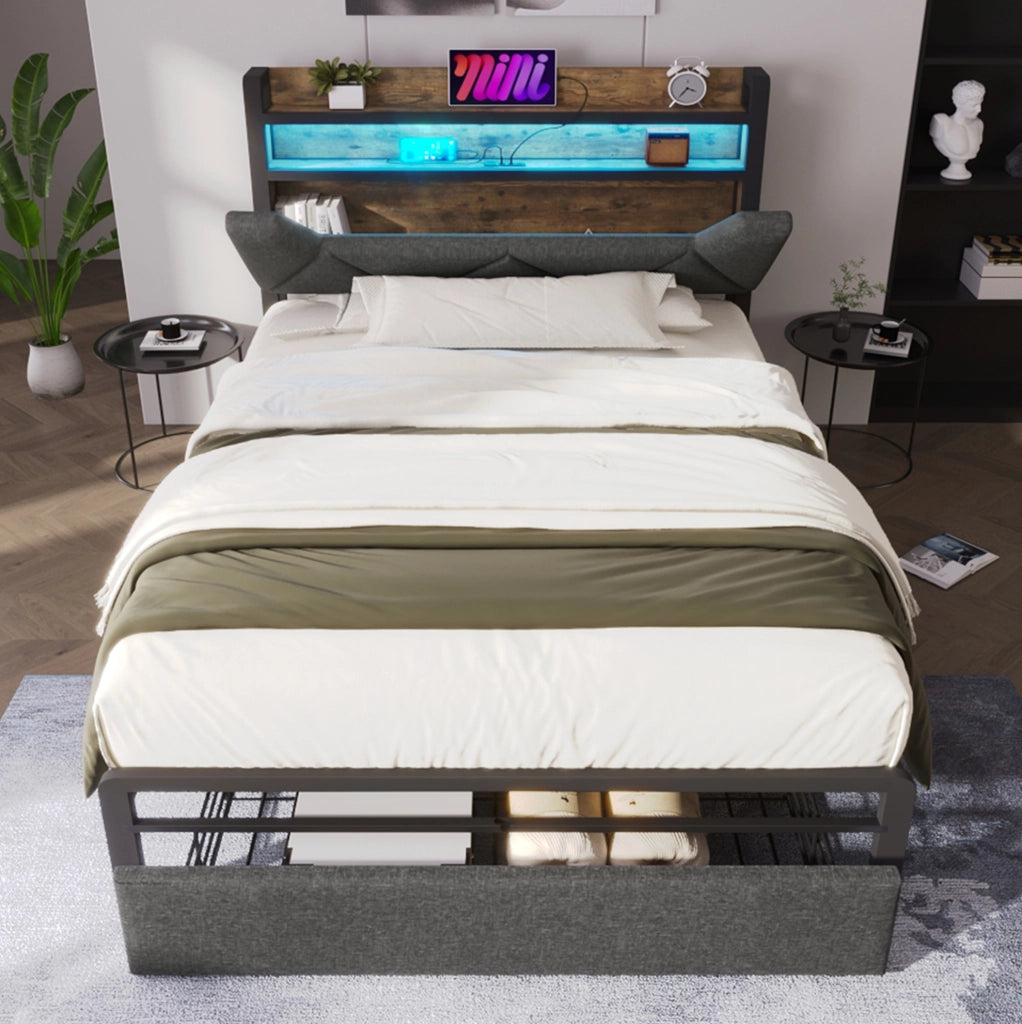 Letto singolo 90x200 cm con LED, USB/Type-C, testiera contenitore e cassetto
