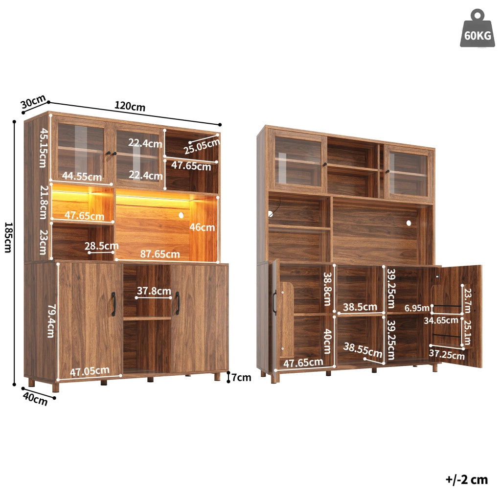 OKWISH Credenza Alta con 2 Ante Scorrevoli e 3 Ripiani Regolabili, LED e USB, per Cucina, MDF, Noce, 140×40×185 cm