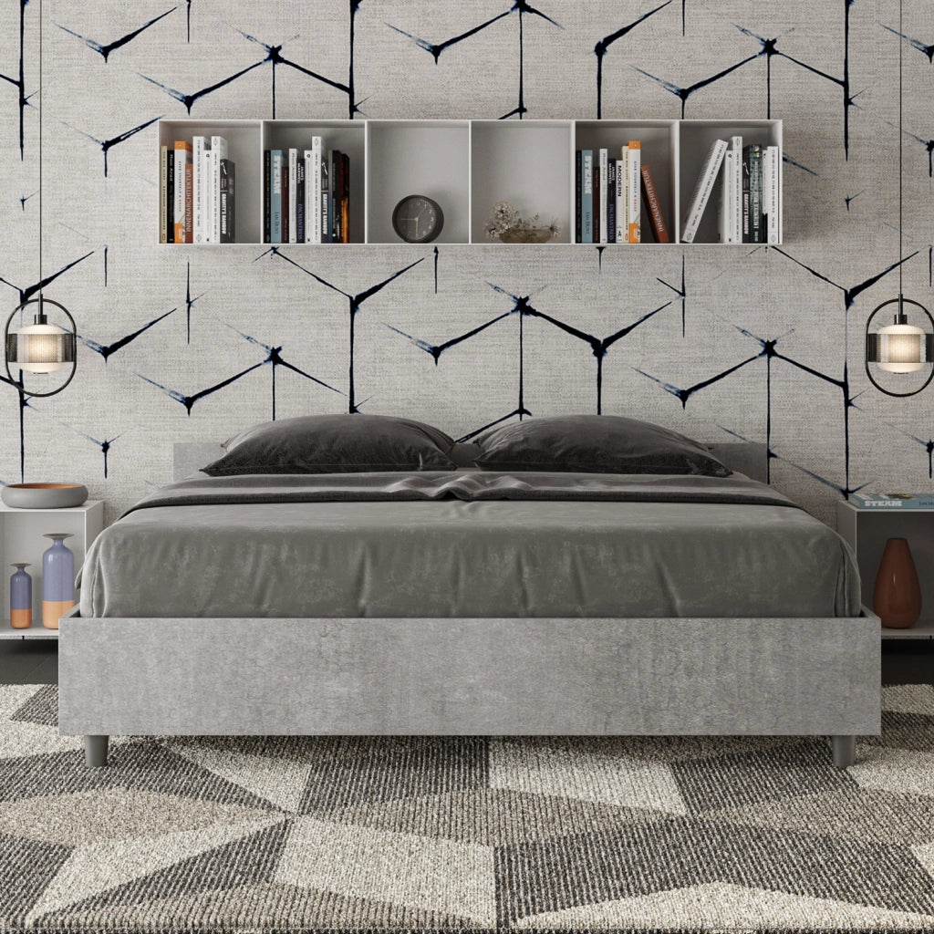 Letto Matrimoniale 160x190 cm con Rete e Contenitore Alzata Comoda Testata Bassa Nuamo Cemento