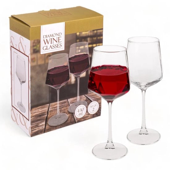 Set di bicchieri da vino da 2 pezzi a forma di diamante - Capacità 430 ml - Design elegante - Ideale per occasioni speciali - Qualità eccellente - Bicchieri da vino