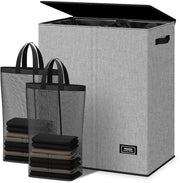 Lavatrice a 2 Compartimenti con Coperchio e 2 Asciugamani - Spremitore di Abbigliamento Grosso XXXL per Bagno, Camera da Letto, Risciacquatura, Camera dei Bambini - 2 x 72,5L Grigio