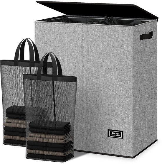 Lavatrice a 2 Compartimenti con Coperchio e 2 Asciugamani - Spremitore di Abbigliamento Grosso XXXL per Bagno, Camera da Letto, Risciacquatura, Camera dei Bambini - 2 x 72,5L Grigio