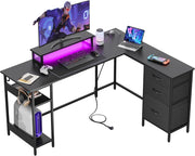 Scrivania da gaming angolare L ¨C zephmum ¨C nero, 150x118 cm, con cassetto, presa e USB