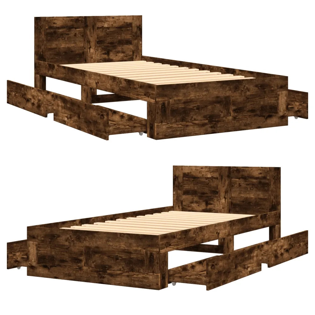 Letto singolo | Letto per adulti | Giroletto con Testiera Rovere Fumo 90x200 cm Legno Multistrato