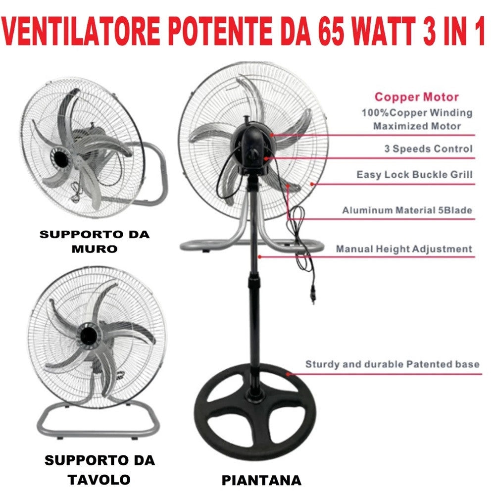 Trade Shop - Ventilatore 3in1 A Piantana Tavolo Muro 50cm 65 Watt Con 5 Pale 3 Velocità 6057002ml -