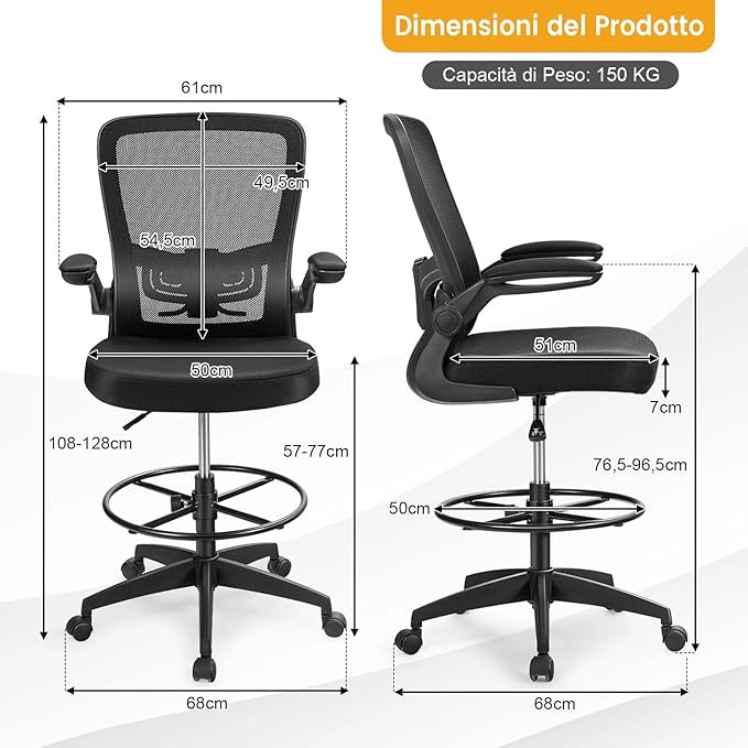 Sedia da Ufficio con Schienale, Sedia Scrivania Girevole, con Braccioli a Ribalta, Poltrona da Ufficio con Altezza Regolabile, Struttura in Metallo, per Scrivania Casa Ufficio, Portata 120 kg