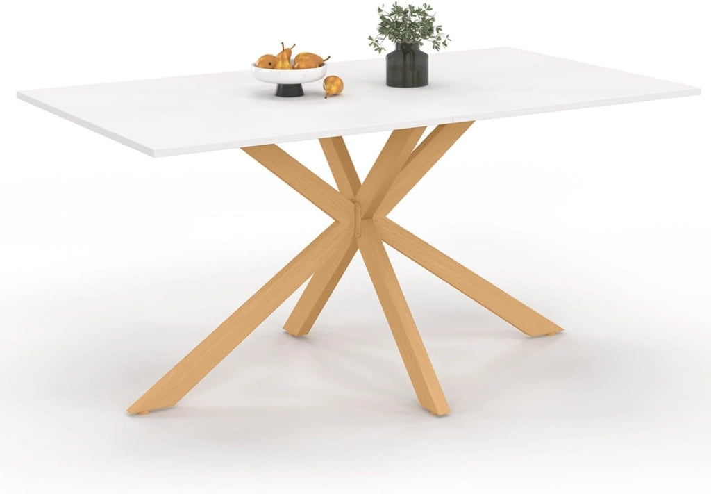 Tavolo da pranzo rettangolare per 8 persone GISELE con gamba a ragno in legno e piano bianco 160 cm