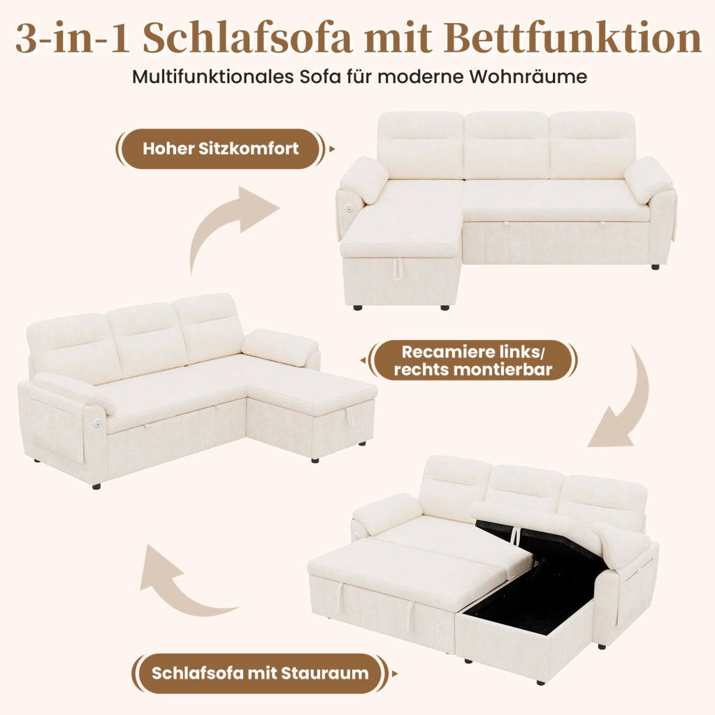 Divano angolare modulare con letto estraibile e porta USB/Type-C