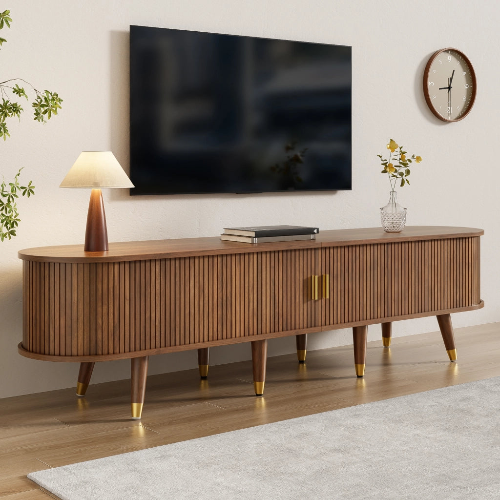 Mobile TV con Anta Scorrevole in Rattan; 2 Cassetti e Vani Aperti; Stile Country; in MDF; 175??38??45 cm; Noce