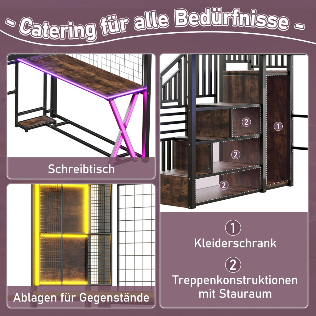 Letto a Soppalco Letto Matrimoniale con LED; Scrivania; Armadio; Scala Contenitore e Scaffali; 140 x 200 cm; senza Materasso