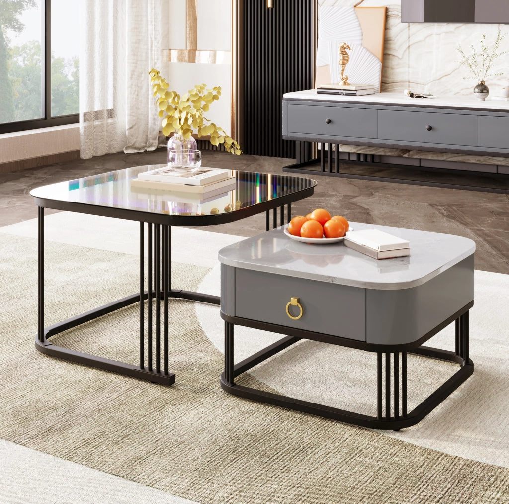 Set di 2 tavolini da salotto modulari con cassetti nero/grigio