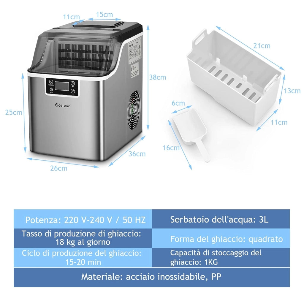 Macchina del Ghiaccio, Macchina del Ghiaccio Elettrica con Superficie Forata, con Cucchiaio Porzionatore, 18KG/24h, 3,2 L, Ideale per Casa e Ufficio