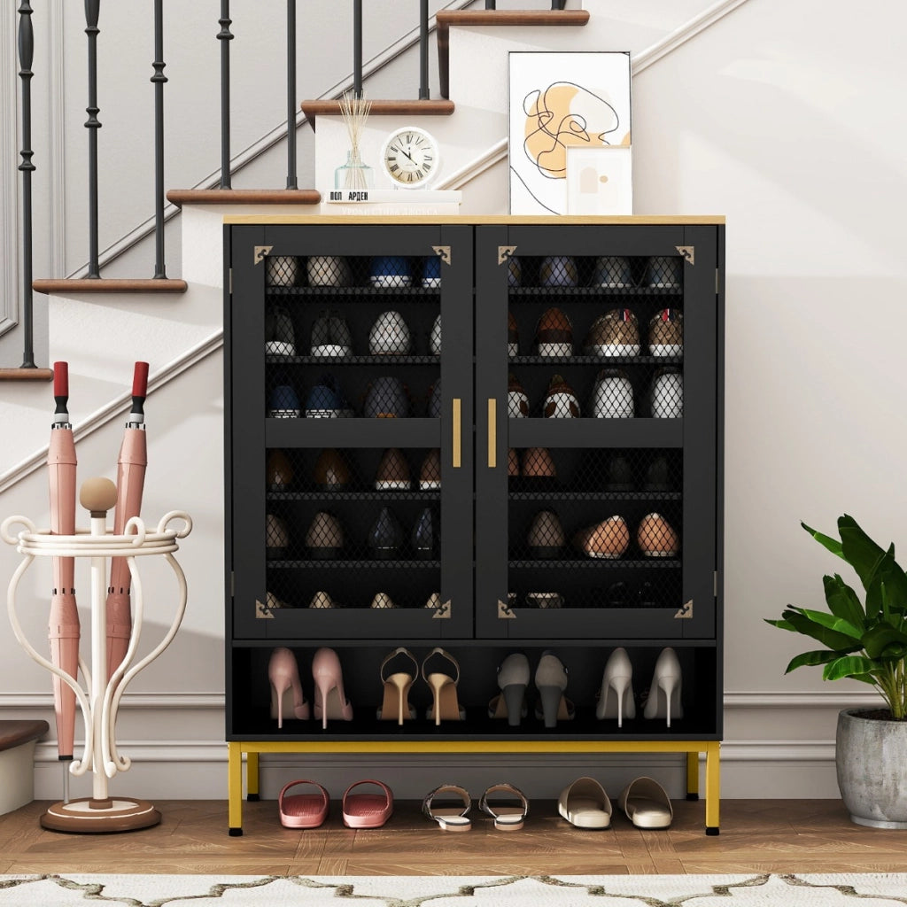 Armadio porta scarpe in legno con ripiani regolabili e gambe in metallo, Armadio porta scarpe a 7 livelli con porte in rete Nero