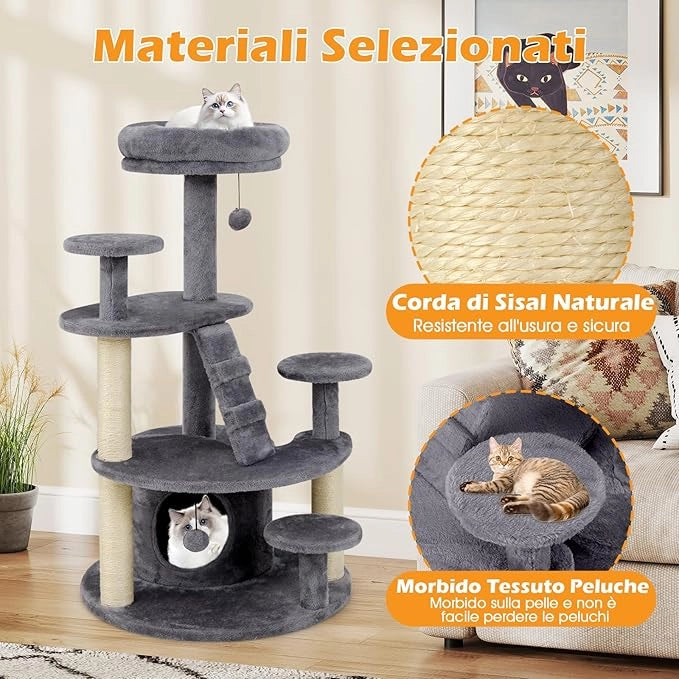 Albero per Gatti Adulti, Torre per Gatti Alta 101 cm con Condominio, Piattaforma Imbottita, Tiragraffi, Pallina di Peluche Pendente e Scala, Albero Tiragraffi in Legno per Interno (Grigio)