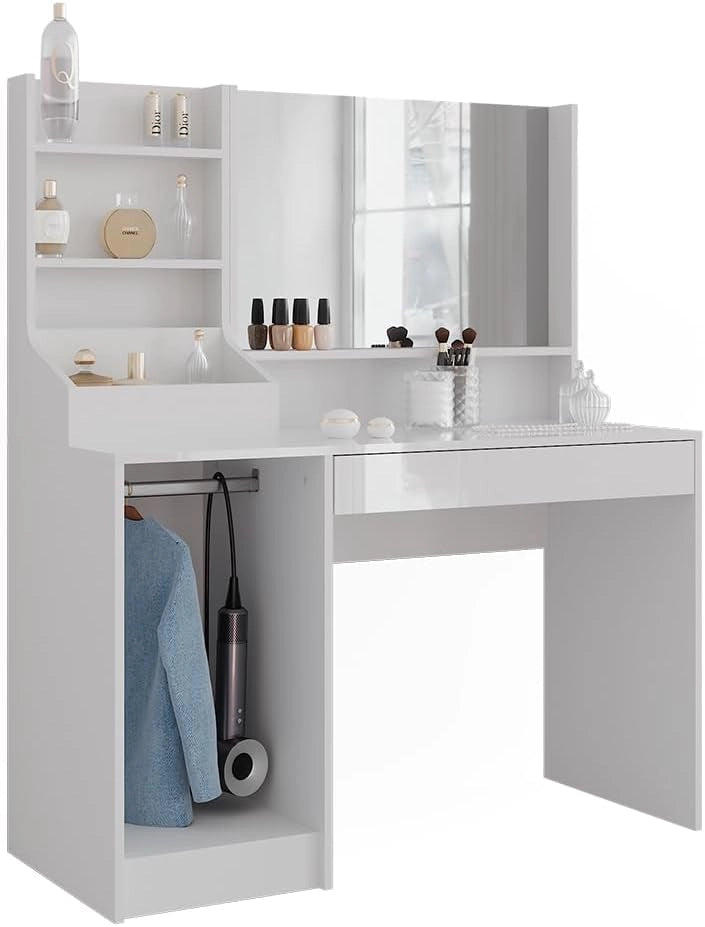 Tavolo da toeletta Sherry, Bianco/bianco lucido, 119.8 cm 3 parti, con specchio superiore per l'uso quotidiano e l'organizzazione