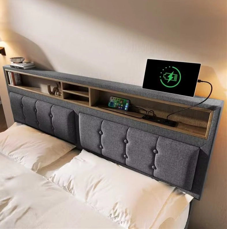 Letto matrimoniale imbottito 140x200 cm in tessuto lino grigio con testiera regolabile e prese USB