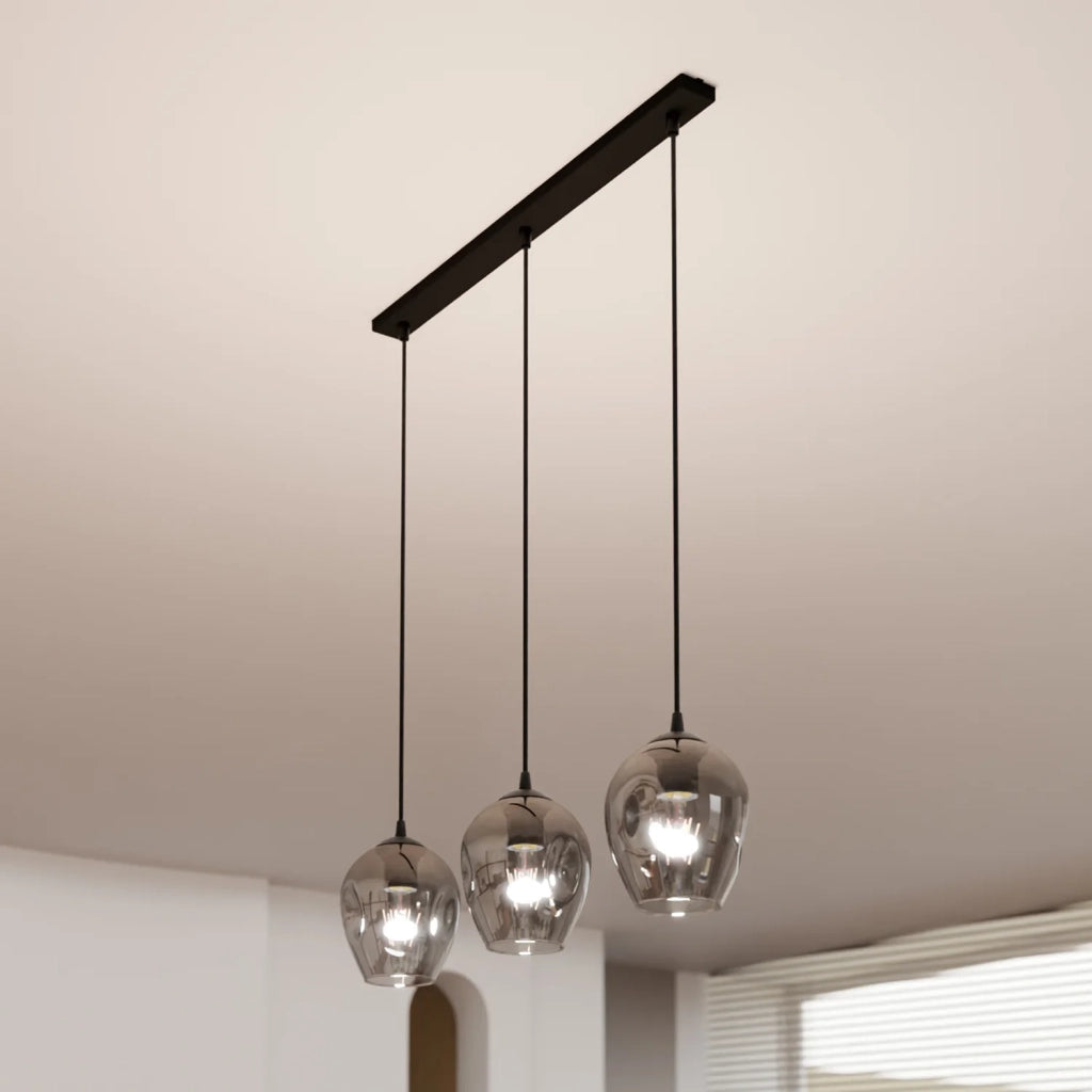 Lampadario 3 Luci Fuxi In Acciaio Nero E Vetri Fumè