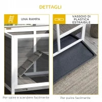 Conigliera in Legno a 2 Piani con Casetta, Rampa e Vassoio Estraibile, 91.5x53.3x73cm