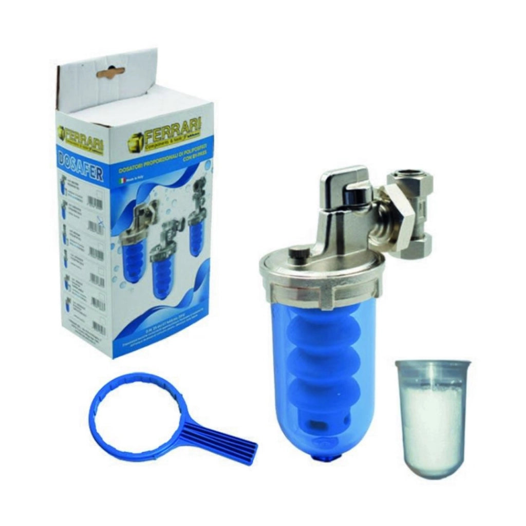 Dosatore polifosfati proporzionale 1/2" ghiera attacco girevole con ricarica e by-pass - CHIAVE SMONTAGGIO OMAGGIO