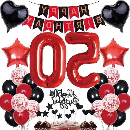 Decorazioni di festa per compleanno con bandiera "Happy Birthday", tema rosso e nero, inclusa la numerazione 50 palloni per feste.